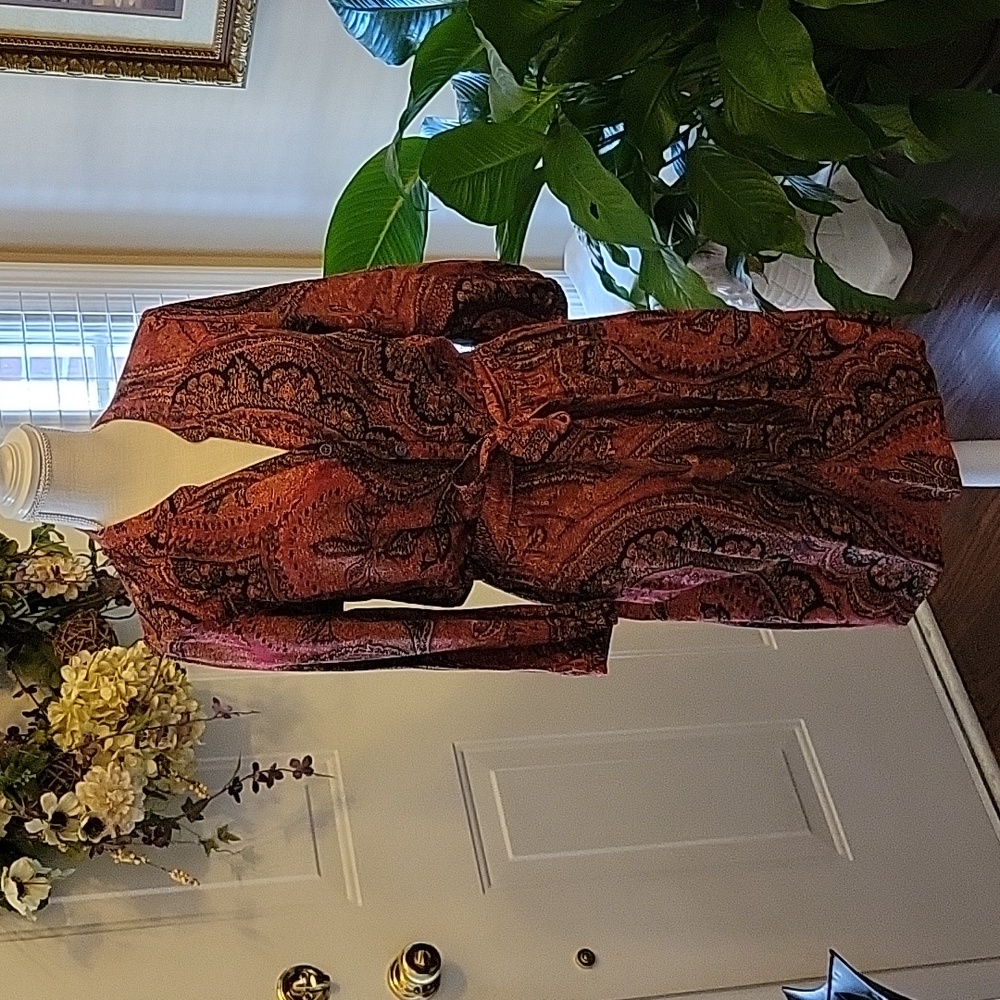 Lucky Brand red black gold print dress 3/4 sleeve elastic waist buttons M EUC …